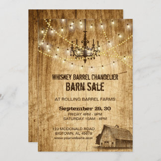 Barn Sale invitation with chandelier and lights