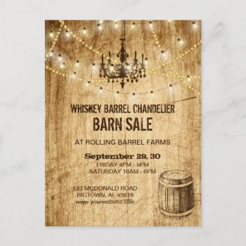 Barn Sale Post Card W Chandelier  Whiskey Barrel by LangDesignShop at Zazzle