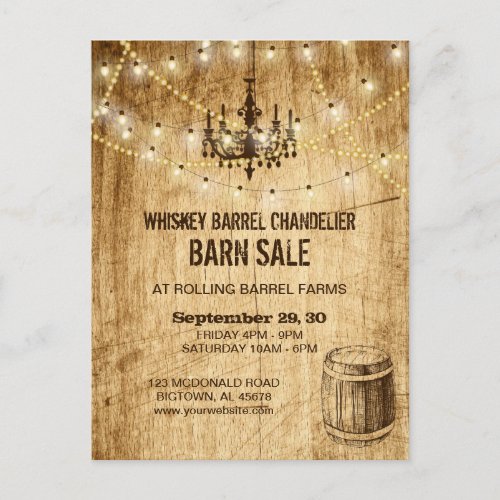 Barn Sale post card w chandelier whiskey barrel