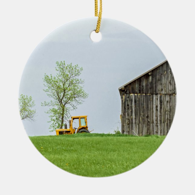 Barn Scene With Tractor Ceramic Ornament (Front)