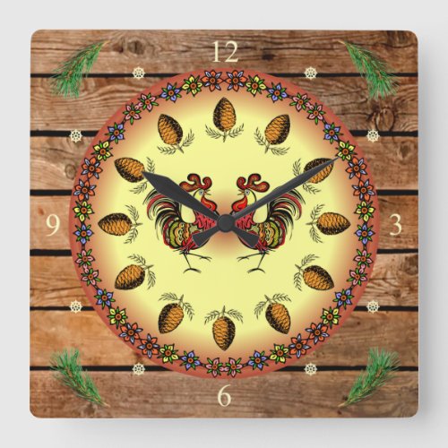 Barn Sign  Hex Sign  2 Roosters  Pine Cones  Square Wall Clock