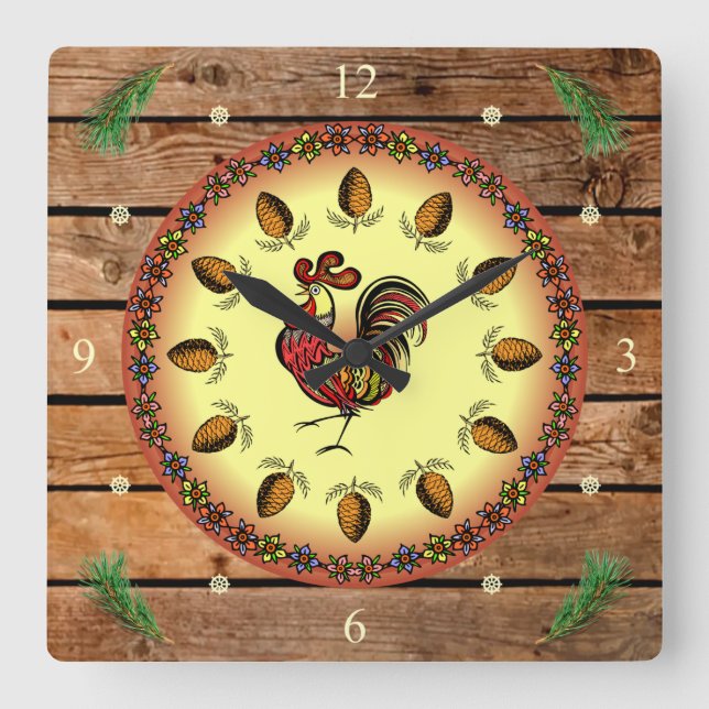 Barn Sign ~ Hex Sign ~ Rooster ~ Pine Cones ~ Square Wall Clock (Front)