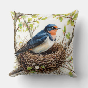 Barn Swallow Nesting on a Blossom-Covered Branch Throw Pillow