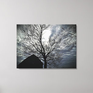 Barn w/Sky & Bare Trees Black & White Photo Canvas Print