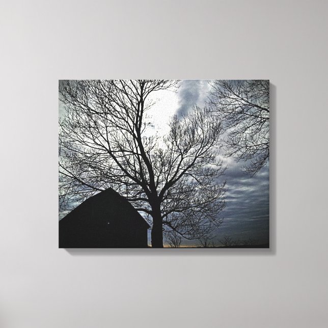 Barn w/Sky & Bare Trees Canvas Black & White Photo Print (Front)