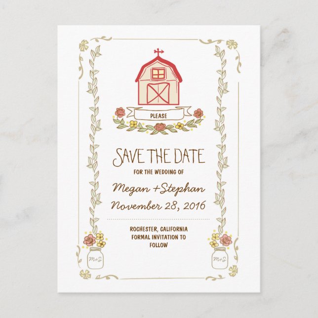 Barn wedding rustic save the date postcards (Front)