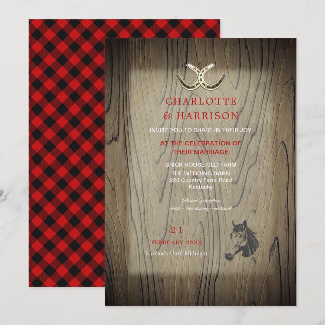 Barn Wedding Wood Red Buffalo Plaid Country Rustic Invitation (Front/Back)