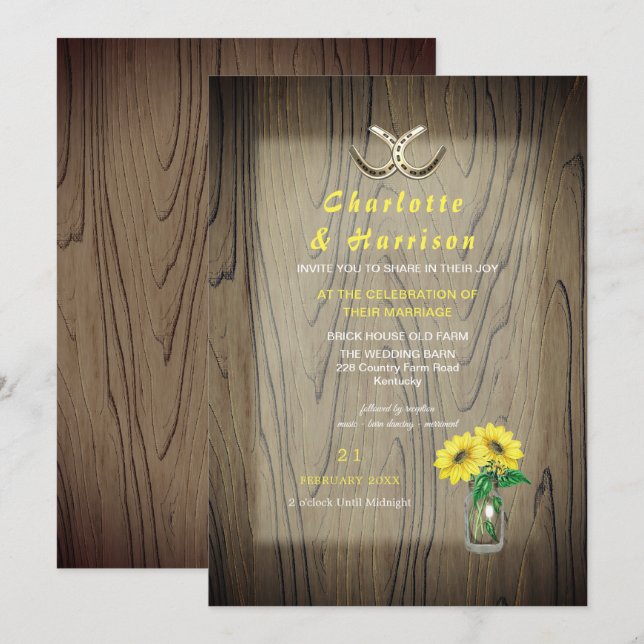 Barn Wedding Wood SunflowerCountry Rustic Invitation (Front/Back)