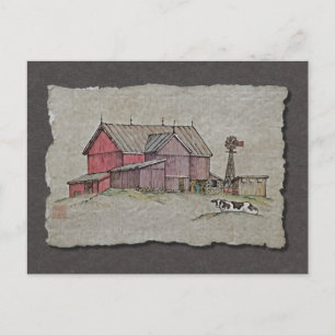 Barn Windmill & Cow Postcard