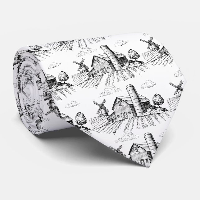 Barn Windmill Farm Sketch Men's Pattern Neck Tie (Rolled)