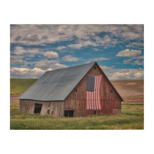 Barn with American Flag Colfax, Washington Wood Wall Art