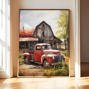 Barn With An Old Truck Poster Art Print, Vintage