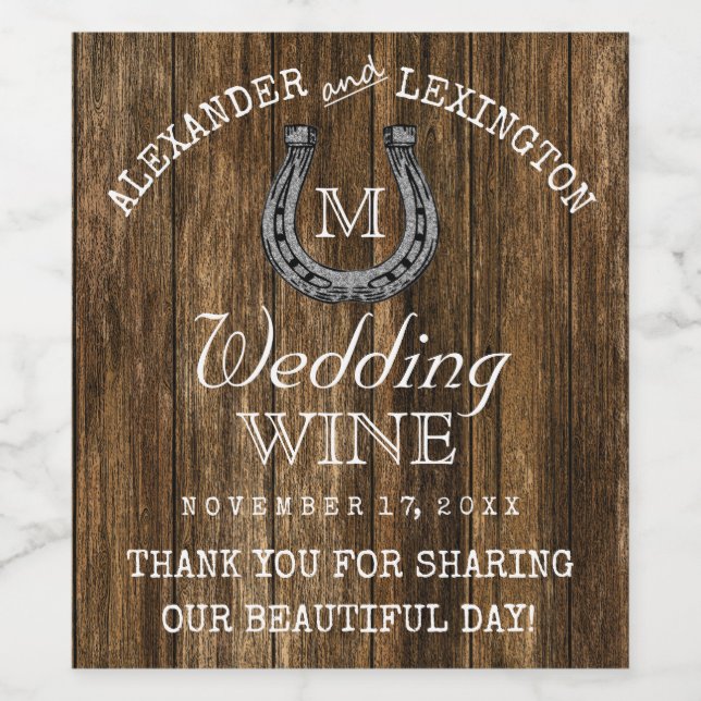 Barn Wood and Horseshoe Rustic Country Wedding Wine Label (Single Label)