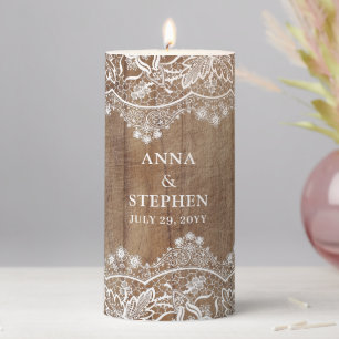 Barn Wood and Lace Couple's Wedding Pillar Candle