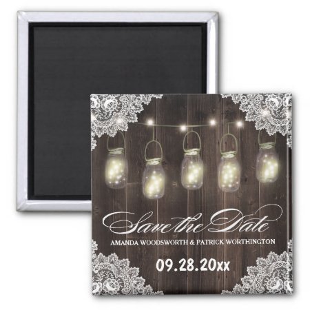 Barn Wood And Lace Mason Jar Wedding Save The Date Magnet