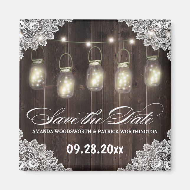 Barn Wood and Lace Mason Jar Wedding Save the Date Magnet (Front)