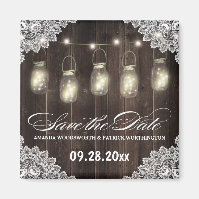 Barn Wood and Lace Mason Jar Wedding Save the Date Magnet | Zazzle
