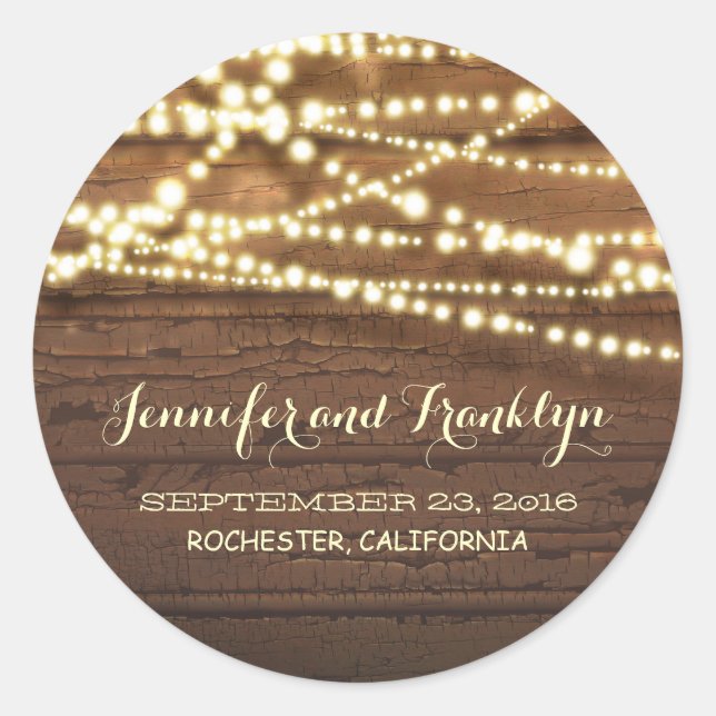 Barn Wood and String Lights Wedding Classic Round Sticker (Front)