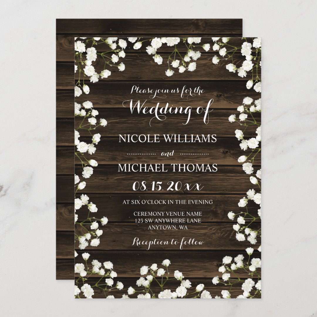 Barn Wood Baby's Breath Border Wedding Invitations | Zazzle