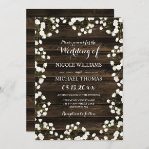 Barn Wood Baby's Breath Border Wedding Invitations