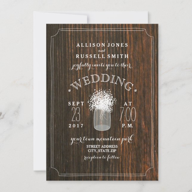 Barn Wood & Baby's Breath Mason Jar Wedding Invitation (Front)
