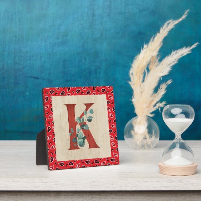 Barn Wood & Bandana Letter K Tabletop Plaque (Insitu)