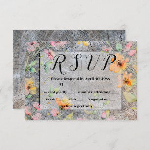 Barn-wood botanical pink orange wildflowers RSVP Card