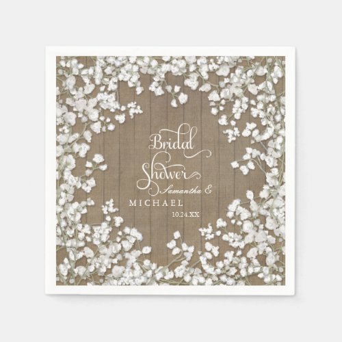 Barn Wood Bridal Shower Decor Babys Breath Wreath Paper Napkins