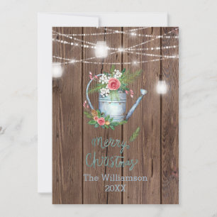 Barn Wood Brush Script Merry Christmas Floral Holiday Card
