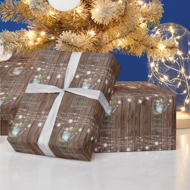 Barn Wood Brush Script  Merry Christmas Floral  Wrapping Paper (Holidays)