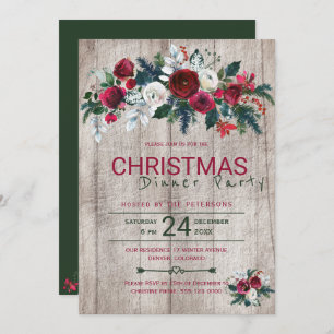 Barn Wood Burgundy Green Christmas Dinner Party Invitation