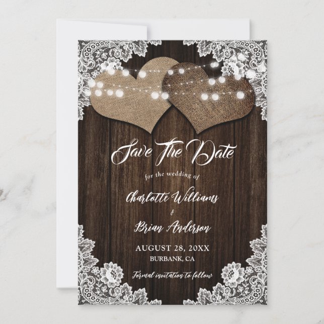 Barn Wood Burlap Heart Floral Lace Country Wedding Save The Date (Front)