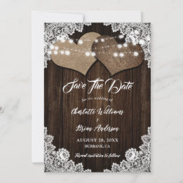Barn Wood Burlap Heart Floral Lace Country Wedding Save The Date
