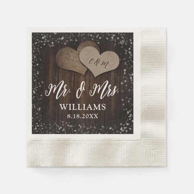 Barn Wood Burlap Hearts Mr. & Mrs. Wedding Napkins (Front)