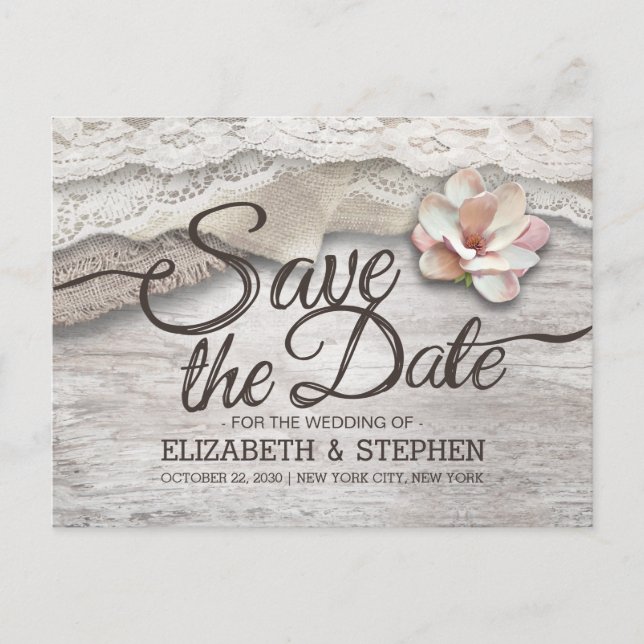 Barn Wood Burlap Lace Floral Wedding Save The Date Announcement Postcard (Front)