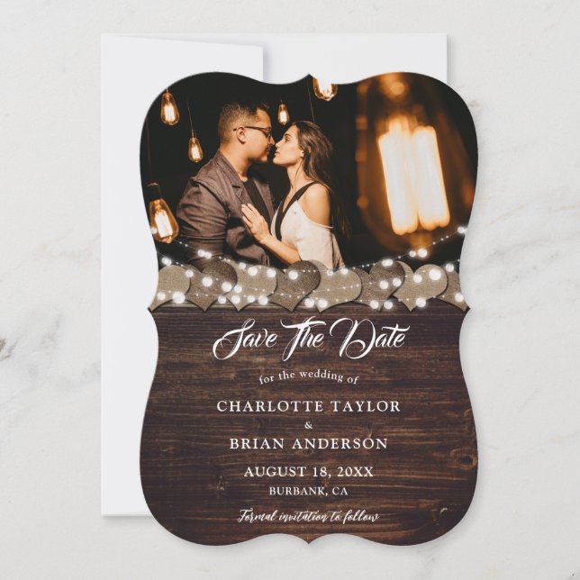 Barn Wood Burlap Lace String Lights Wedding Photo Save The Date (Front)