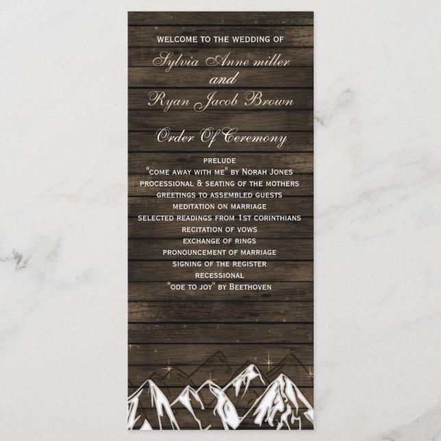 Barn wood Camping Rustic Mountains wedding program (Front)