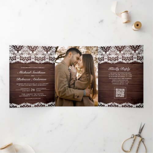 Barn Wood Country Lace QR Code Photo Wedding Tri-Fold Invitation