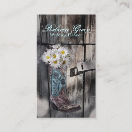 barn wood cowboy boot white daisy florist business card