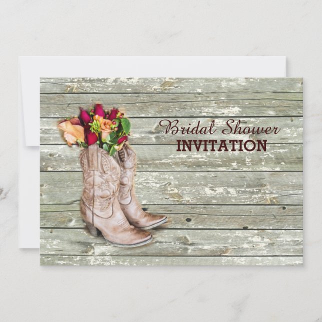 barn wood cowboy boots western bridal shower invitation (Front)