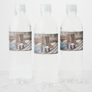 barn wood Cowboy Boots Western country Wedding Water Bottle Label