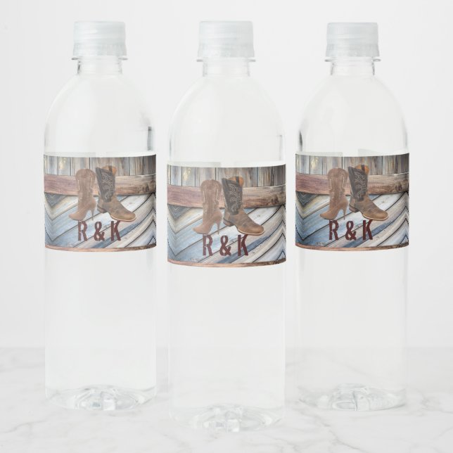 barn wood Cowboy Boots Western country Wedding Water Bottle Label (Bottles)