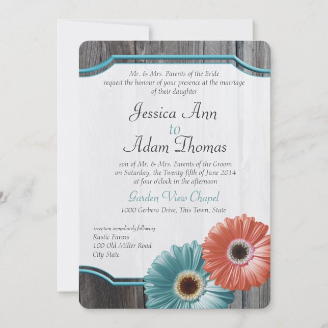 Barn Wood Daisy Coral and Aqua Invitation (Front)