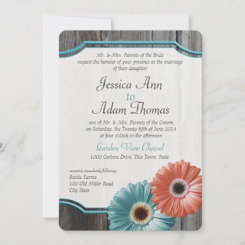 Barn Wood Daisy Coral and Aqua Custom Invitations