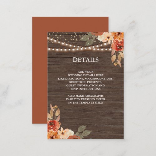 Barn Wood Earthy Floral Terracotta Wedding Details Enclosure Card