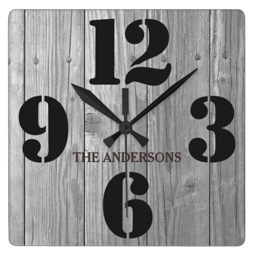 Barn Wood Effect Rustic Family Name Square Wall Clock Barn Wood Effect Rustic Family Name Square Wall Clock