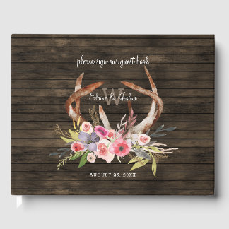 barn wood floral antler rustic wedding Guest Book