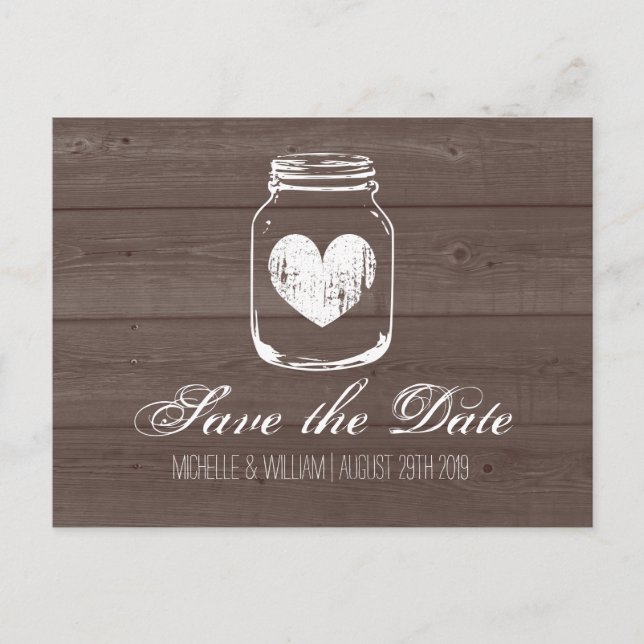 Barn wood grain mason jar save the date cards (Front)