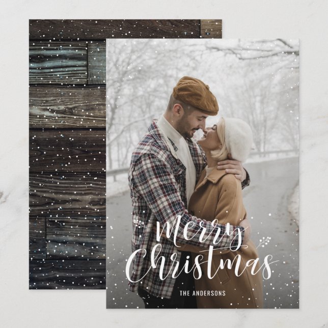 Barn Wood Hand Lettered Snow Photo Christmas Cards (Front/Back)