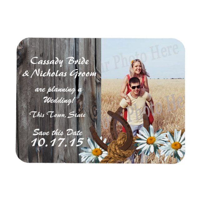 Barn Wood Horseshoes Daisies Save the Date Photo Magnet (Horizontal)